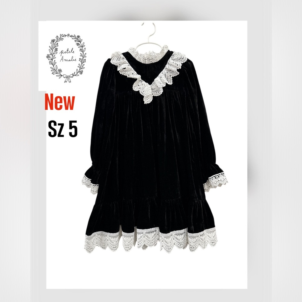 New Petite Amalie Girls Dress – Size 5 black velvet white trim